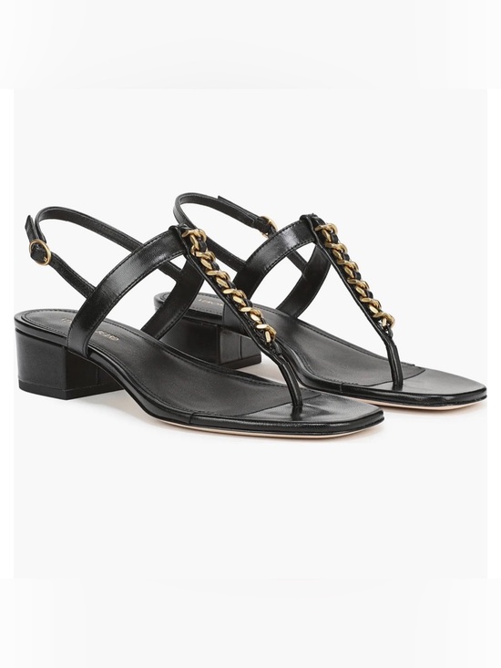 Veronica Beard Shoes - Veronica Beard Black Leather T-Strap Sandals with Gold Chain